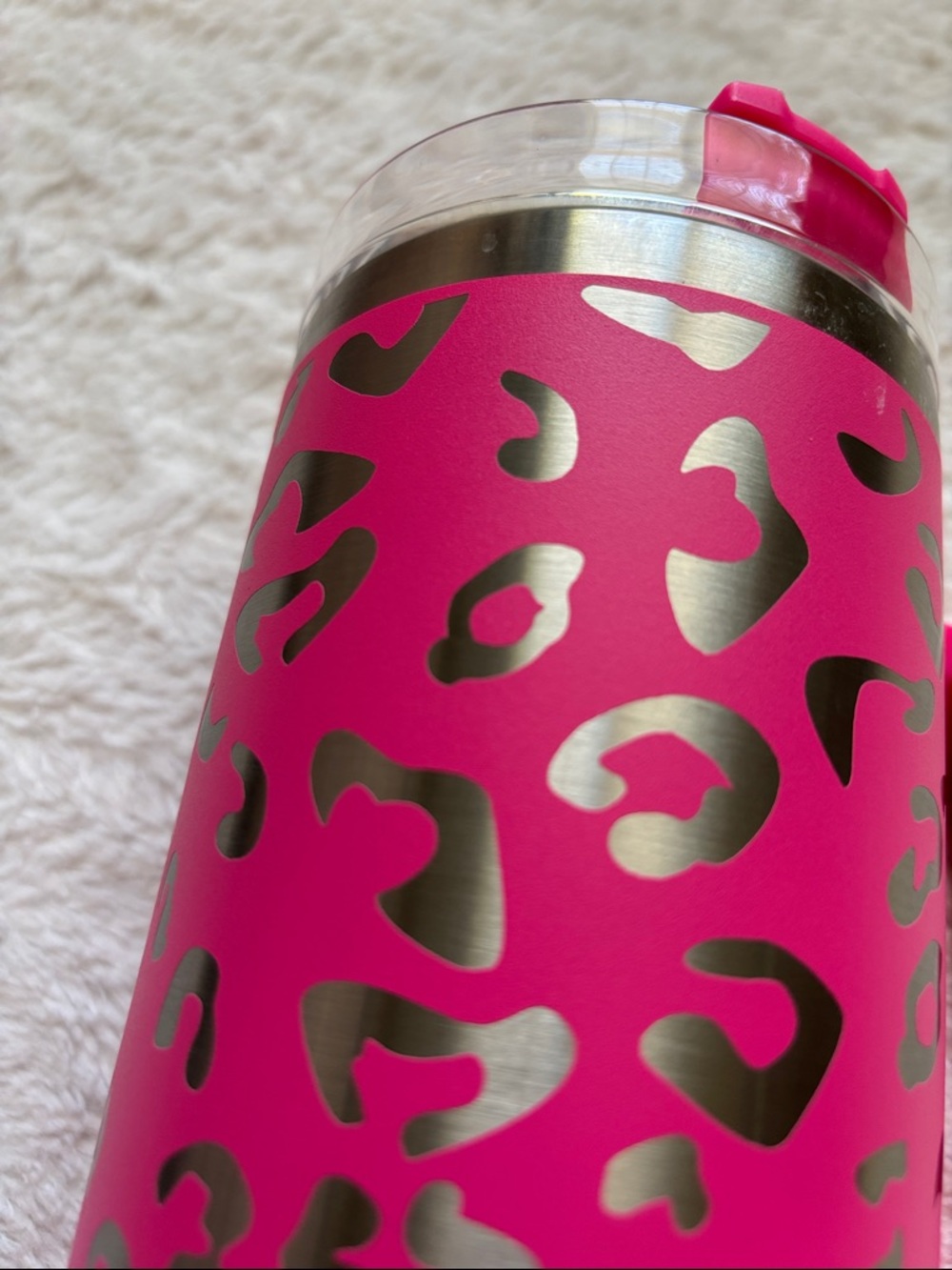 Pink and Silver Leopard Print Laser Etched Tumbler with Handle - Picture 3 of 8